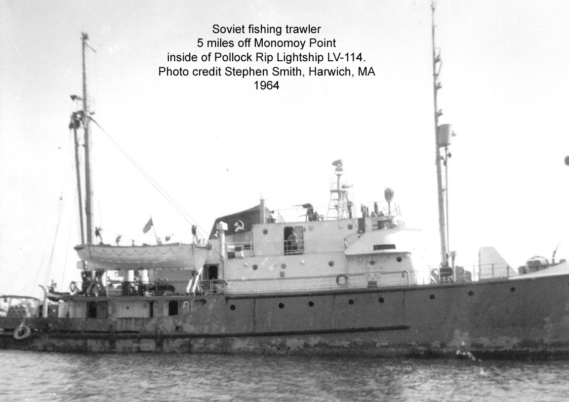 Soviet fishing trawler close aboard Pollock Rip Lightship.
