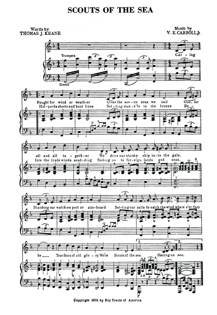 Sea Scout Anthem, words by Thomas Jake Keane, music by V.E.Carroll Jr., 1931 (click score to hear music)
